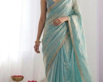 Sari azul y beige adornado con borde bordado para fiestas, para mujeres y niñas.