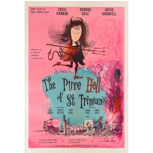 May include: A vintage film poster for The Pure Hell of St Trinian's, displaying a cartoon devil figure with a trident on a pink backdrop. The design includes the movie title, cast names, and production details printed in black and red typography.
