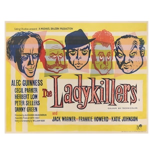 May include: A vintage film poster for "The Ladykillers" featuring illustrated faces of five men. The title is in large, decorative lettering. The poster includes the actors' names and production credits, set against a yellow background with a retro aesthetic.