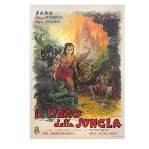 May include: Vintage Italian movie poster for "Il Libro della Jungla" (The Jungle Book). The poster features a young man in red clothing, a black panther, a tiger, and a snake. Text includes the names of the actors and the movie title.