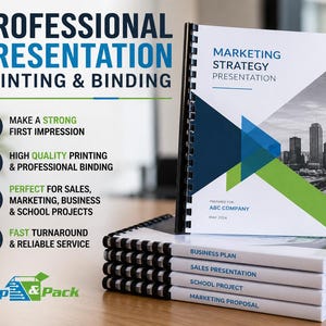 May include: A stack of professionally bound documents with the text "Professional Presentation Printing & Binding." The top document is titled "Marketing Strategy Presentation" with a cityscape graphic. Other documents are labeled "Business Plan," "Sales Presentation," and more.