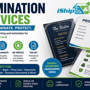 May include: Image promoting lamination services. Includes examples of laminated menus, price lists, and classroom rules. The text highlights printing, lamination, and protection for documents. Features include black & white or color printing, single or double-sided printing, and durable, waterproof, professional finishes.