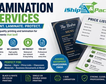 Custom Laminating Service | Print & Laminate Sheets | Business, Menus, Signs, Documents | Waterproof Durable Finish