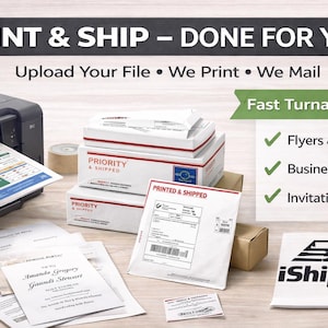 May include: Image promoting print and ship services. A printer is shown with documents, along with packages labeled "Priority & Shipped." Text includes "Upload Your File, We Print, We Mail" and "Fast Turnaround" for flyers, business orders, and invitations.