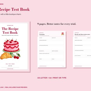 Könnte beinhalten: The Recipe Test Book ist ein digitaler Download mit 9 Seiten ausfüllbarer Formulare. Das Cover zeigt einen rosa Kuchen auf einem grünen Ständer mit einem Croissant und Kirschen. Die Innenseiten enthalten Abschnitte für Versuchs- und Notizen.