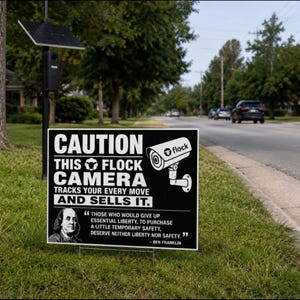 May include: A black rectangular yard sign with white text that reads CAUTION THIS FLOCK CAMERA TRACKS YOUR EVERY MOVE AND SELLS IT. It features a graphic of a security camera and a portrait of Ben Franklin with a quote about liberty and safety.