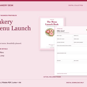 Puede incluir: Una colección digital de imprimibles para negocios de panadería titulada Bakery Menu Launch. El conjunto incluye una portada de Menu Launch Book con ilustraciones de galletas y un formulario Offer brief.