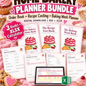 May include: A digital home bakery planner bundle featuring an order book, recipe costing, and baking week planner. Includes PDF and XLSX files with templates for batch costs, ingredient records, inquiry logs, and weekly capacity tracking.