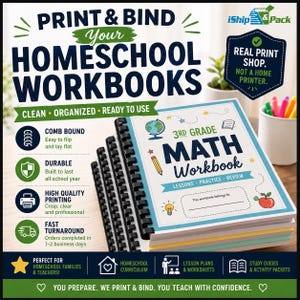 May include: A stack of spiral-bound homeschool workbooks. The top workbook is labeled "3rd Grade Math Workbook" with lessons, practice, and review sections. The image includes text about printing and binding services for homeschool materials.