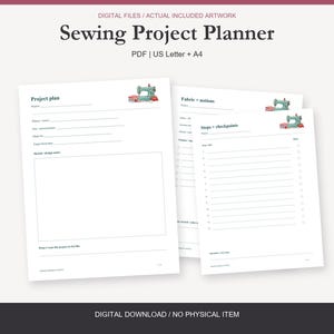 May include: A digital sewing project planner with white pages featuring black text and a small illustration of a teal sewing machine. The pages include sections for project plans, fabric and notions, and steps with checkboxes in US Letter and A4 sizes.