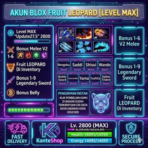 Pode incluir: Uma infografia digital para uma conta de jogo Blox Fruit com uma fruta Leopardo no nível 2800. O display inclui ícones de habilidades corpo a corpo, espadas lendárias como Rengoku e Shisui, e barras de status de saúde e energia. O design usa contornos de neon azul e roxo em um fundo escuro.