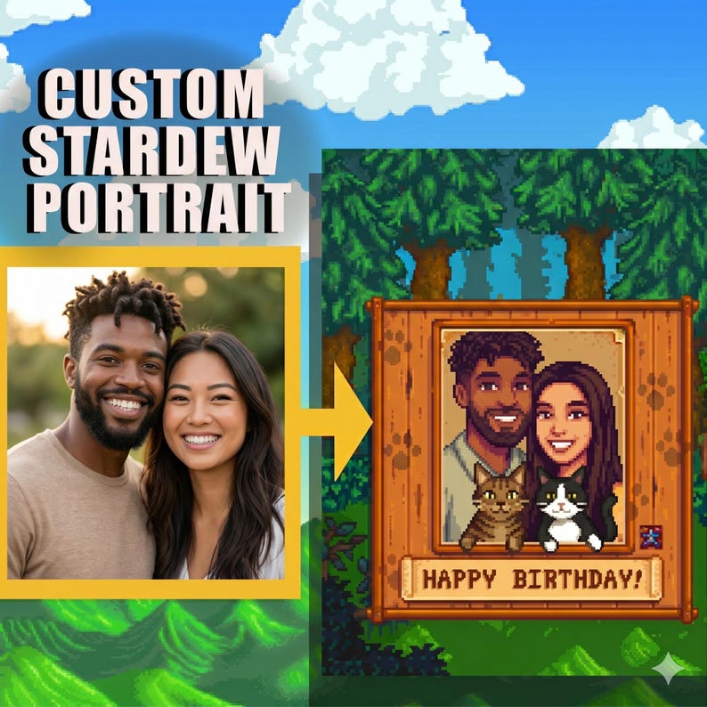 Puede incluir: Un retrato personalizado de Stardew Valley con una pareja y dos gatos, con el texto "Happy Birthday!" en un marco de madera. La imagen est&aacute; ambientada sobre un fondo de bosque pixelado con cielo azul y nubes.