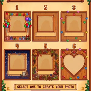 Puede incluir: Interfaz digital con seis opciones de fondo para la creaci&oacute;n de fotos. Las opciones incluyen marcos con globos de cumplea&ntilde;os, corazones, hojas de oto&ntilde;o y una forma de coraz&oacute;n. El texto dice "CHOOSE YOUR PERFECT BACKGROUND" y "SELECT ONE TO CREATE YOUR PHOTO."