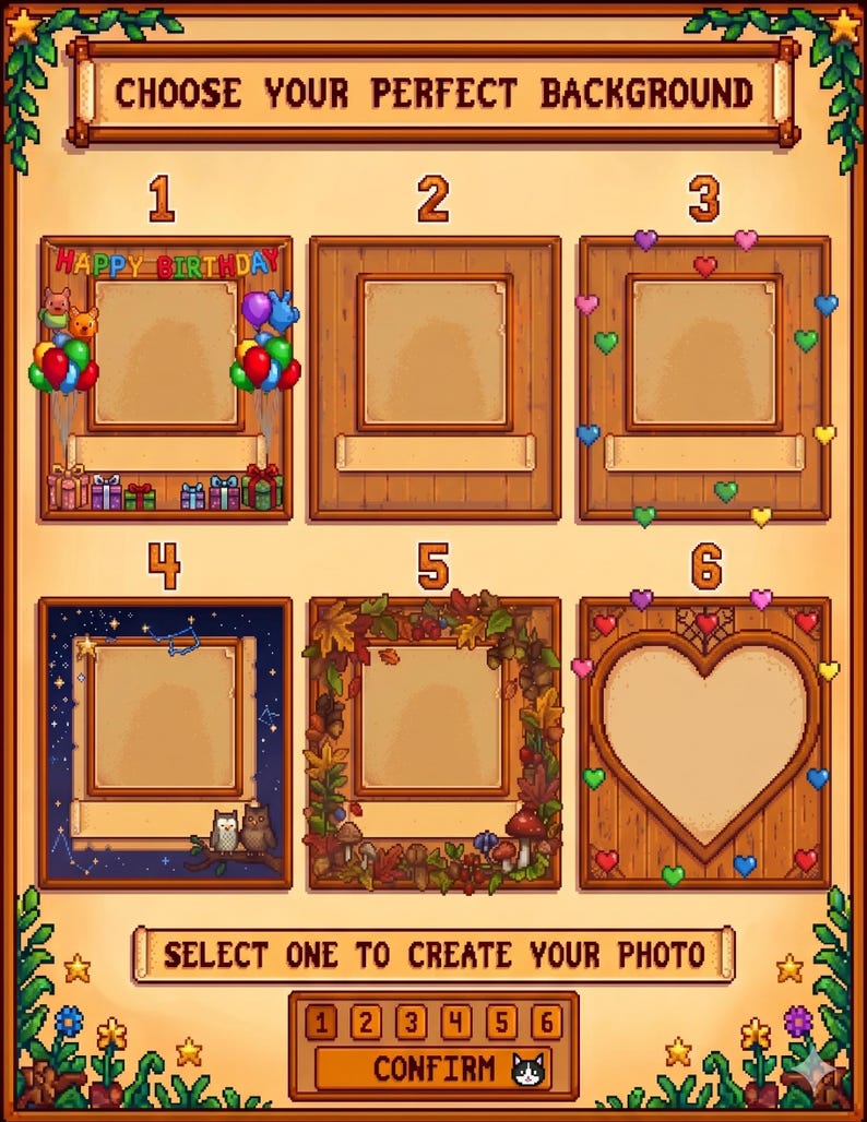 Puede incluir: Interfaz digital con seis opciones de fondo para la creaci&oacute;n de fotos. Las opciones incluyen marcos con globos de cumplea&ntilde;os, corazones, hojas de oto&ntilde;o y una forma de coraz&oacute;n. El texto dice "CHOOSE YOUR PERFECT BACKGROUND" y "SELECT ONE TO CREATE YOUR PHOTO."