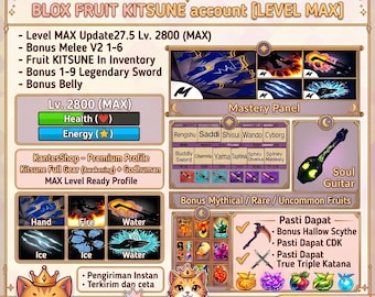 Blox Fruits Kitsune Account – Max Level 2800, Gottmensch, Verfluchtes Dual Katana (Digitale Lieferung)