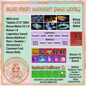 May include: A promotional graphic for a Blox Fruit account, featuring various in-game items and bonuses. The image includes text such as "MAX Level," "Legendary Sword," and "Instant Delivery." The color scheme is primarily pink and green.