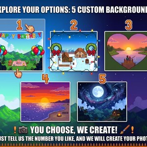 Puede incluir: Imagen que muestra cinco opciones de fondo personalizadas. Cada opci&oacute;n es una ilustraci&oacute;n pixelada, que incluye una escena de cumplea&ntilde;os, un pueblo de invierno, una escena de lago en forma de coraz&oacute;n, una playa al atardecer y una noche estrellada. El texto dice: "EXPLORE YOUR OPTIONS: 5 CUSTOM BACKGROUNDS" y "YOU CHOOSE, WE CREATE!"