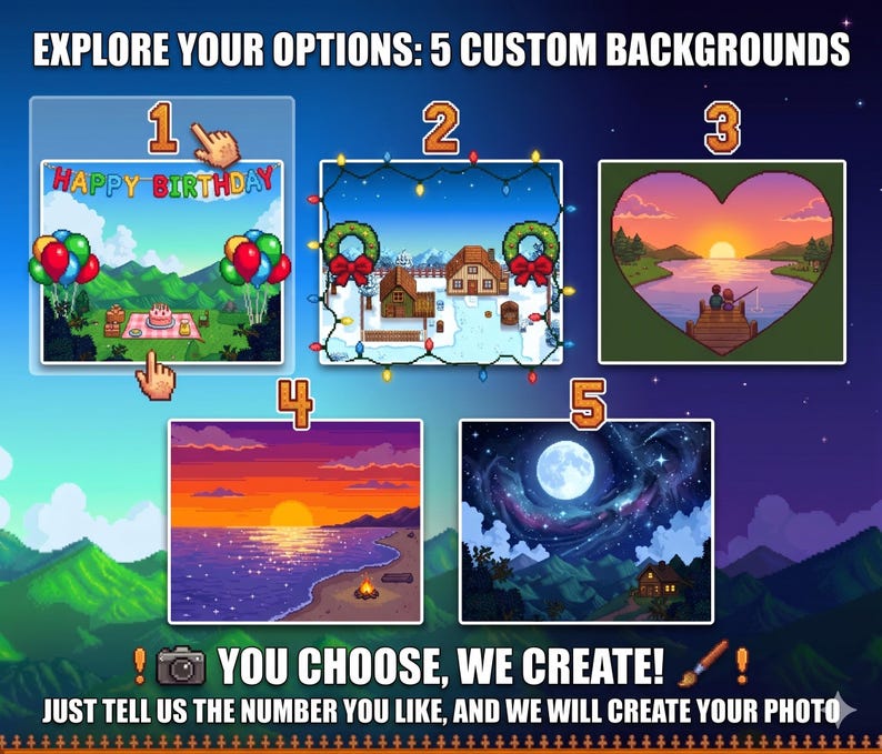 Puede incluir: Imagen que muestra cinco opciones de fondo personalizadas. Cada opci&oacute;n es una ilustraci&oacute;n pixelada, que incluye una escena de cumplea&ntilde;os, un pueblo de invierno, una escena de lago en forma de coraz&oacute;n, una playa al atardecer y una noche estrellada. El texto dice: "EXPLORE YOUR OPTIONS: 5 CUSTOM BACKGROUNDS" y "YOU CHOOSE, WE CREATE!"