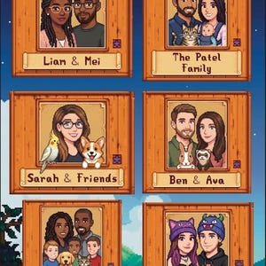 Puede incluir: Seis retratos enmarcados de parejas y familias, cada uno en un marco de madera. Los retratos muestran a varias personas con mascotas e hijos. El texto incluye "Liam & Mei", "The Patel Family", "Sarah & Friends", "Ben & Ava", "The Thompson Family Est. 2024" y "Zoe & Kai".