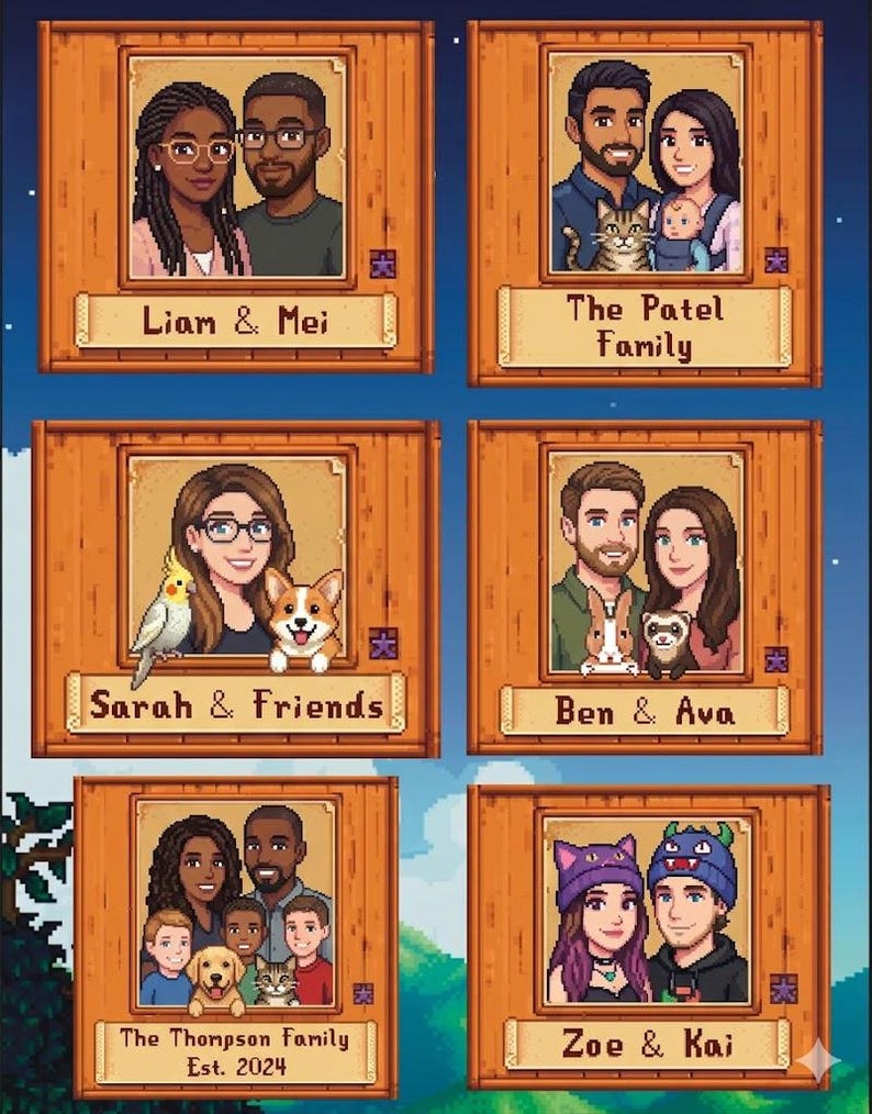 Puede incluir: Seis retratos enmarcados de parejas y familias, cada uno en un marco de madera. Los retratos muestran a varias personas con mascotas e hijos. El texto incluye "Liam & Mei", "The Patel Family", "Sarah & Friends", "Ben & Ava", "The Thompson Family Est. 2024" y "Zoe & Kai".