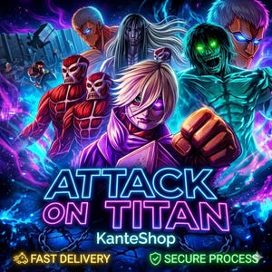 Op de afbeelding: Een levendige digitale illustratie met personages uit "Attack on Titan". Het kunstwerk toont verschillende titanenfiguren in tinten rood, groen en blauw, met gloeiende ogen en gespierde lichamen. De titel "Attack on Titan" is prominent weergegeven in neonblauw.
