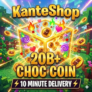 Op de afbeelding: Een levendige afbeelding met de tekst "KanteShop" in goud. Een gloeiende kubus is gevuld met chocolademunten, harten en wervelingen. De tekst "20B+ CHOC COIN" en "10 MINUTE DELIVERY" worden ook weergegeven.