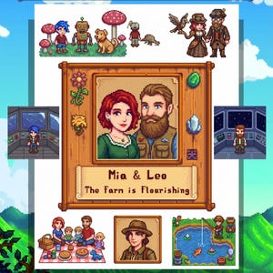 Puede incluir: Imagen de pixel art con un fondo de cielo azul. La imagen presenta varios personajes y escenas pixelados, incluyendo una pareja, un picnic familiar y una escena de pesca. El texto en la parte superior dice "accepting special requests for free."