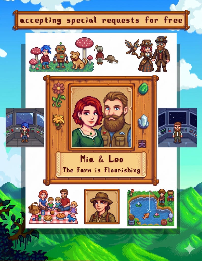 Puede incluir: Imagen de pixel art con un fondo de cielo azul. La imagen presenta varios personajes y escenas pixelados, incluyendo una pareja, un picnic familiar y una escena de pesca. El texto en la parte superior dice "accepting special requests for free."