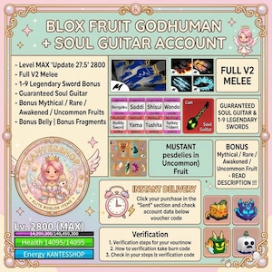May include: A promotional graphic for a Roblox Blox Fruit Godhuman and Soul Guitar account. The image features text, illustrations, and icons, including a level indicator, sword bonuses, and a Soul Guitar graphic. The design is in a pink and green color scheme.