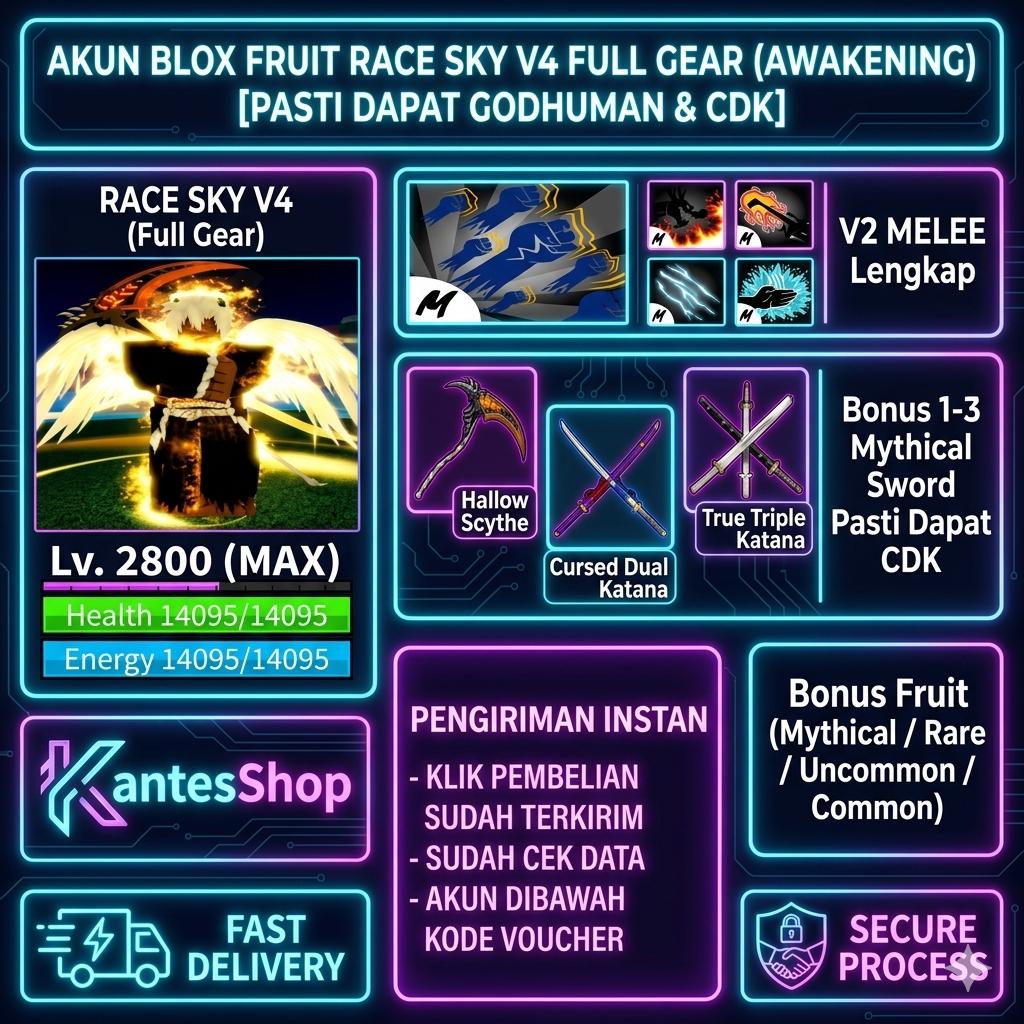 Blox Fruit Race Sky V4 Full Gear (awakening) Account (godhuman +