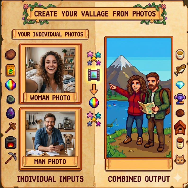 Puede incluir: Un gr&aacute;fico digital que muestra el proceso de creaci&oacute;n de una imagen personalizada. El lado izquierdo muestra "TUS FOTOS INDIVIDUALES" con una foto de una mujer y un hombre. El lado derecho muestra la "SALIDA COMBINADA" de una pareja de excursionistas. El texto dice "CREA TU PUEBLO A PARTIR DE FOTOS".