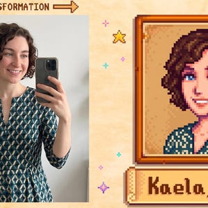 Puede incluir: Imagen dividida: una mujer con un vestido verde con estampado geom&eacute;trico y un retrato pixelado. El retrato est&aacute; en un marco de madera con el nombre "Kaela_Rose" debajo. La palabra "TRANSFORMATION" est&aacute; en la parte superior.