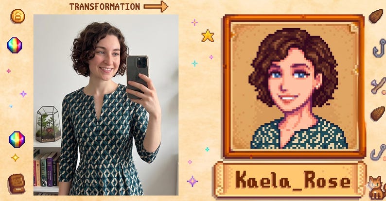 Puede incluir: Imagen dividida: una mujer con un vestido verde con estampado geom&eacute;trico y un retrato pixelado. El retrato est&aacute; en un marco de madera con el nombre "Kaela_Rose" debajo. La palabra "TRANSFORMATION" est&aacute; en la parte superior.
