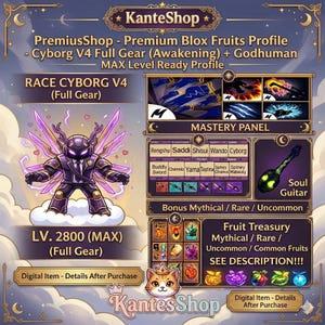 May include: A digital advertisement for a Blox Fruits profile, featuring a cyborg character with purple wings and a suit. The ad includes the text "Race Cyborg V4 (Full Gear)" and "LV. 2800 (MAX) (Full Gear)". It also showcases a "Soul Guitar" and various fruits.