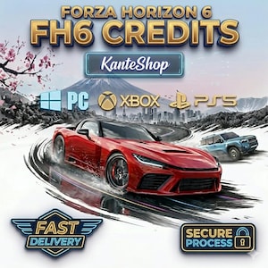 May include: A promotional image for Forza Horizon 6 credits. The image features a red sports car racing on a track, with the game's title and platform logos (PC, Xbox, PS5) displayed. Text includes "Fast Delivery" and "Secure Process".