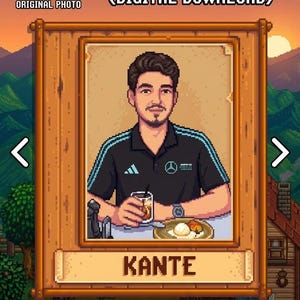 Puede incluir: Descarga digital de un retrato personalizado de Stardew Valley. La imagen presenta un retrato pixelado de una persona, con el nombre "KANTE" debajo. La imagen incluye el texto "ORIGINAL PHOTO" y detalles sobre el estilo y la entrega del retrato.