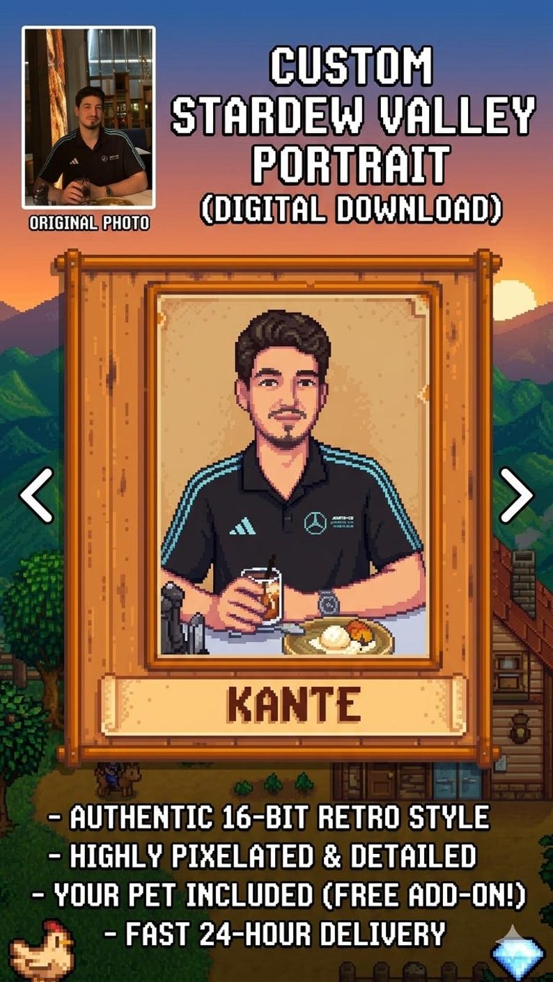 Puede incluir: Descarga digital de un retrato personalizado de Stardew Valley. La imagen presenta un retrato pixelado de una persona, con el nombre "KANTE" debajo. La imagen incluye el texto "ORIGINAL PHOTO" y detalles sobre el estilo y la entrega del retrato.