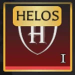 May include: A square emblem with a gold border and a dark red background. The top section features the word "HELOS" in black letters on a gold rectangle. Below, a white shield shape contains a white "H". The Roman numeral "I" is at the bottom.