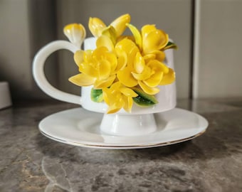 Handmade Wintersweet Porcelain Teacup Set, 3D Floral Design, 24K Gold Trim (Gift Box)