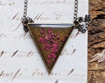 Pressed flower necklace pink queen Annes lace unique woodlands nature resin extra long woman's fashion mother's day gift present birthday