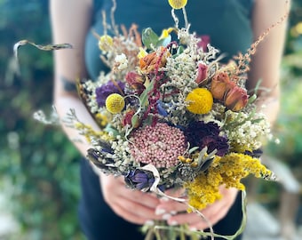 Dried floral flowers wedding bridal bouquet boho bride bespoke one of a kind natural wildflower colorful posy eucalyptus blend