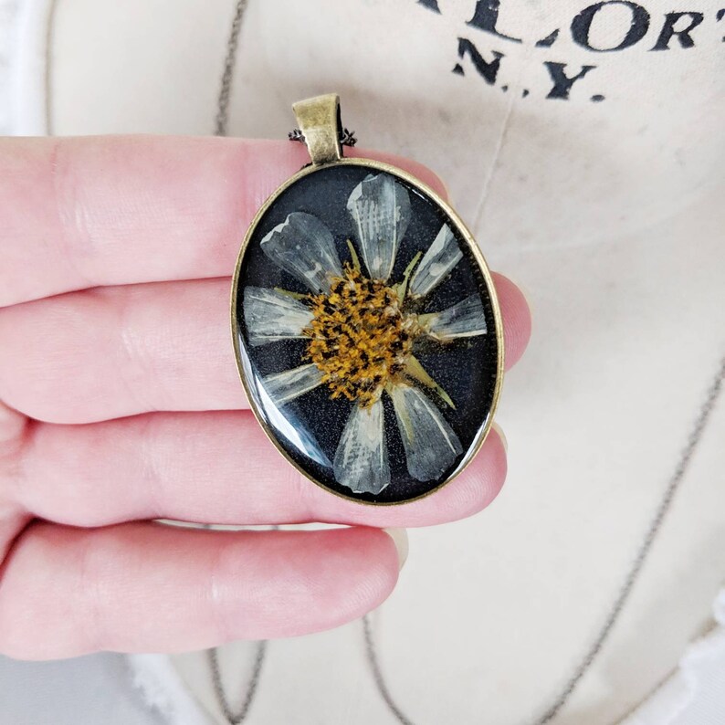 Pressed flower necklace real summer cosmo cream floral fresh fun resin garden preserved nature mothers day gift present brass extra long