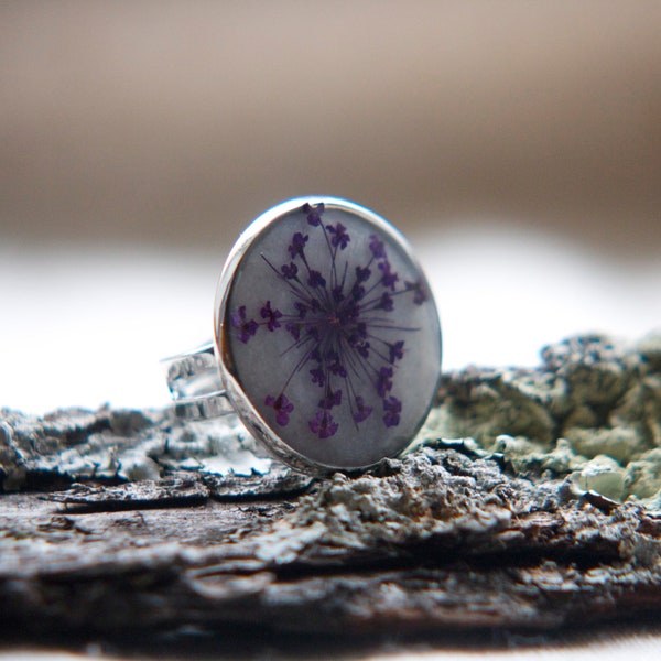 pressed flower ring real pressed botanical purple queen annes lace adjustable ring  - natural woodland beauty