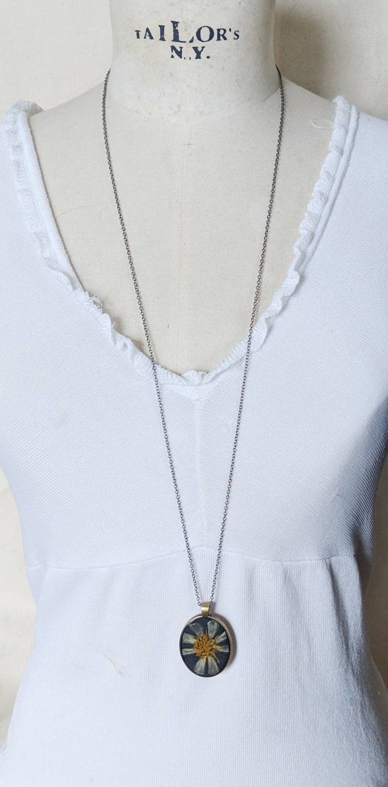 Pressed flower necklace real summer cosmo cream floral fresh fun resin garden preserved nature mothers day gift present brass extra long