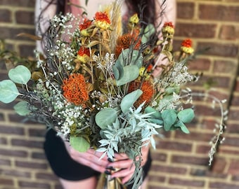 Dried floral flowers wedding bridal bouquet boho bride bespoke one of a kind natural pampas grass eucalyptus blend