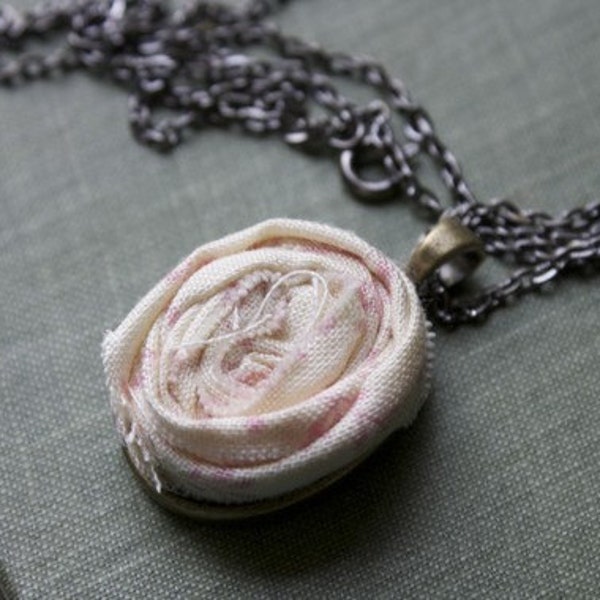 shabby chic pink and cream floral flowered flower fabric rosette rose necklace on a bronze setting - perfect for the spring