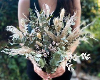 Dried floral flowers wedding bridal bouquet boho bride bespoke one of a kind natural pampas grass eucalyptus blend