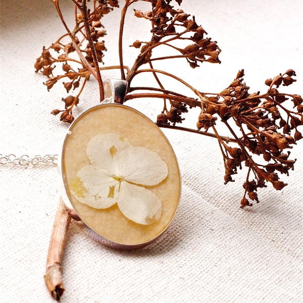 pressed flower necklace cream white distressed hydrangea botanical Pendant Jewelry with Handmade Paper - resin jewelry spring summer cottage