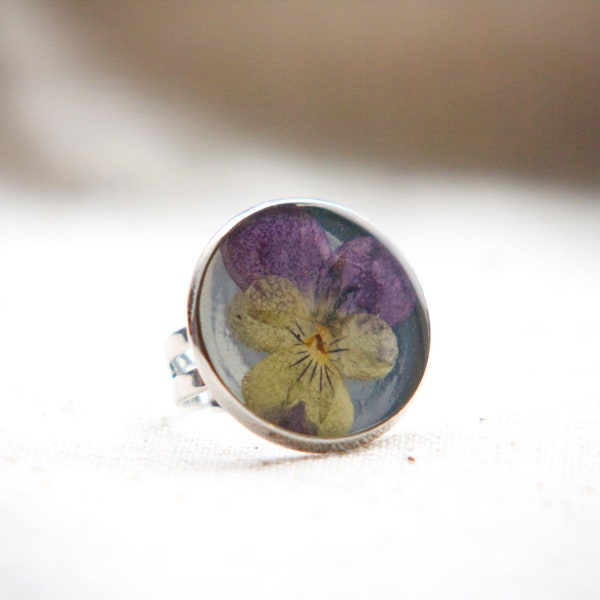 pressed flower ring real pressed botanical yellow purple pansy adjustable ring  - natural woodland beauty