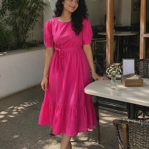 hot pink summer dress with sleeves Summer Hot Spot Midi In Hot Pink